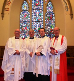 At the ordination of the Rev Adrian Halligan as curate assistant in All Saints, Antrim, are, from left: Archdeacon Stephen McBride, Vicar of Antrim; the Rev David Ferguson, Rev Halligan and Bishop Gordon McMullan.
